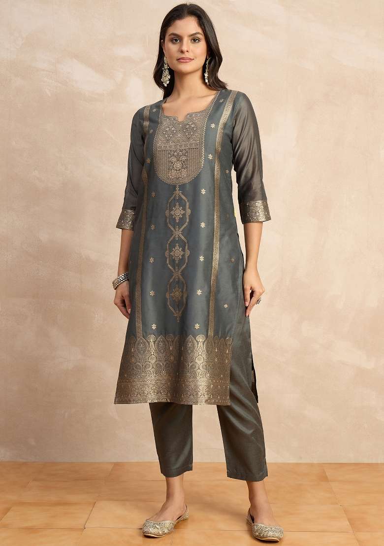 Grey Zari Work Silk Kurta Set - Indya
