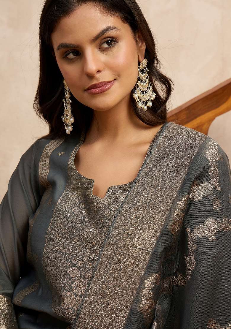 Grey Zari Work Silk Kurta Set - Indya