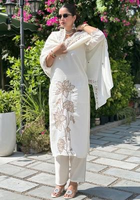 Off White Embroidered Silk Kurta Set