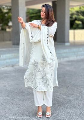 Off White Embroidered Silk Kurta Set
