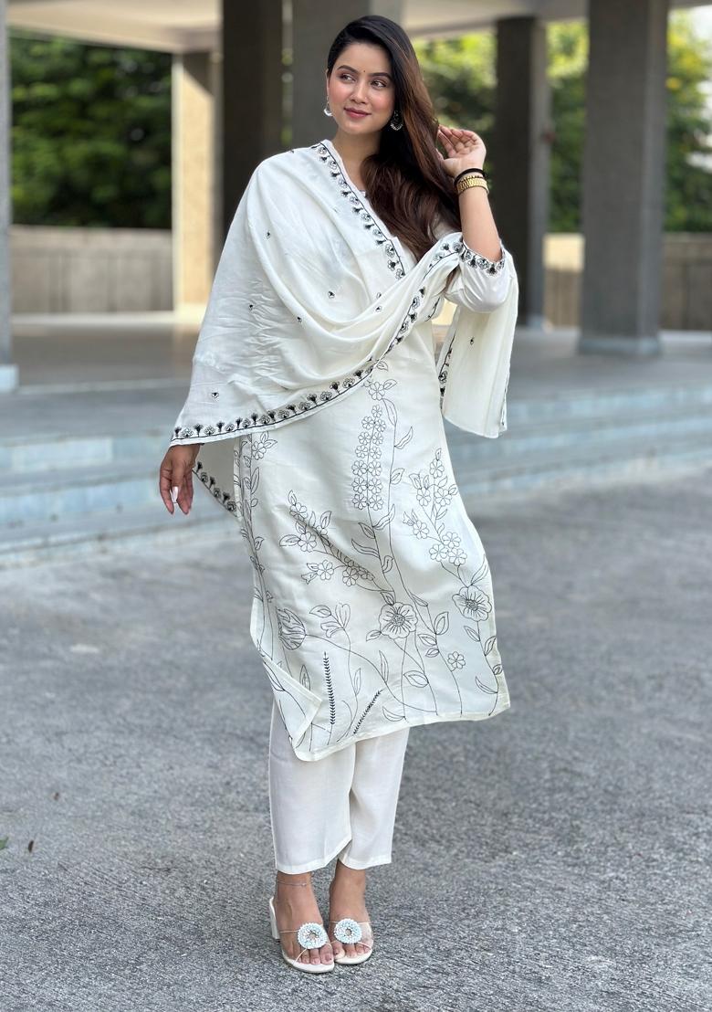 Off White Embroidered Silk Kurta Set - Indya