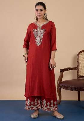 Rust Lace Work Silk Kurta Set