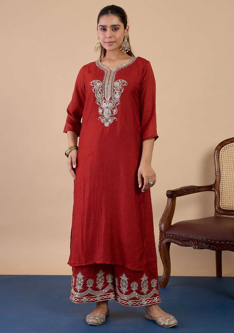 Rust Lace Work Silk Kurta Set - Indya