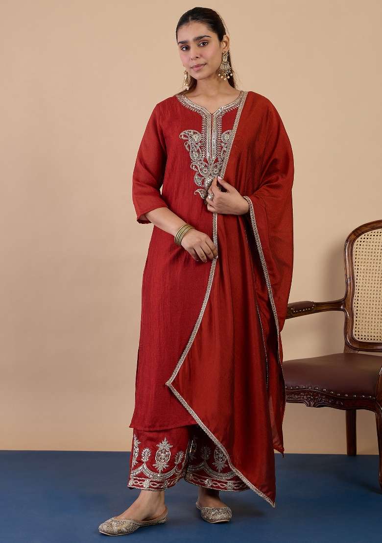 Rust Lace Work Silk Kurta Set - Indya