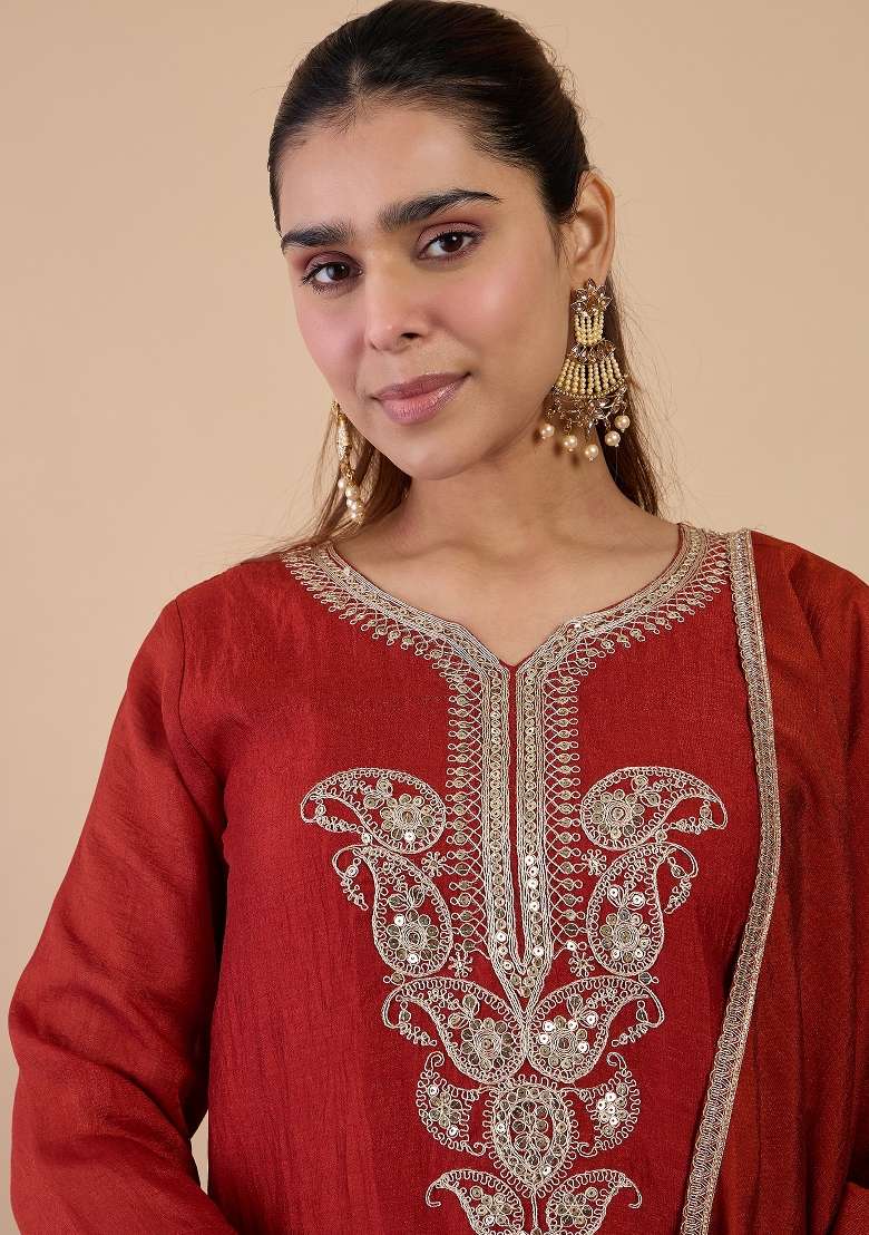 Rust Lace Work Silk Kurta Set - Indya