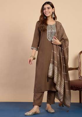 Brown Printed Cotton Kurta Set