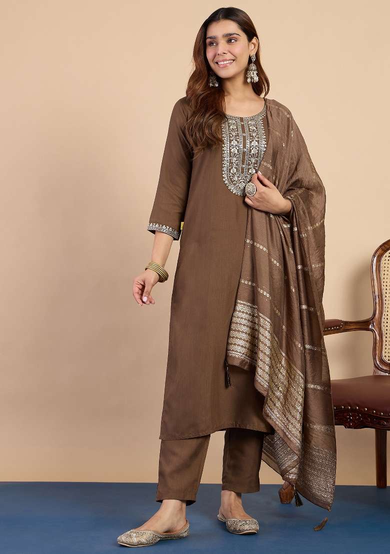 Brown Printed Cotton Kurta Set - Indya
