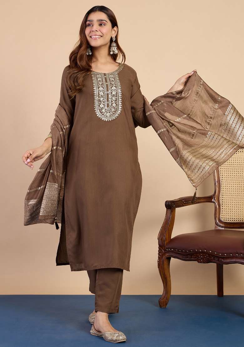Brown Printed Cotton Kurta Set - Indya