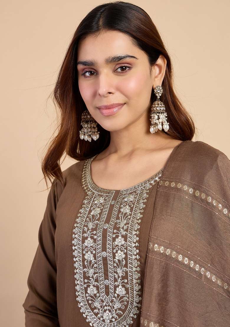 Brown Printed Cotton Kurta Set - Indya