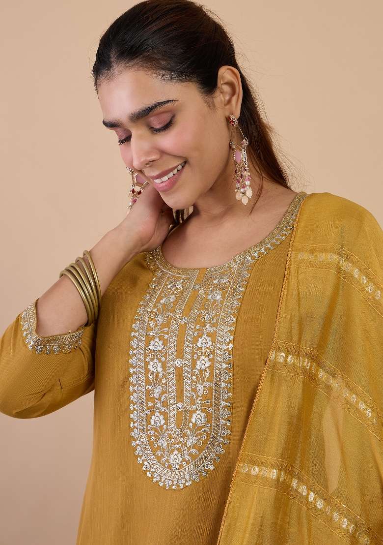Mustard Printed Cotton Kurta Set - Indya