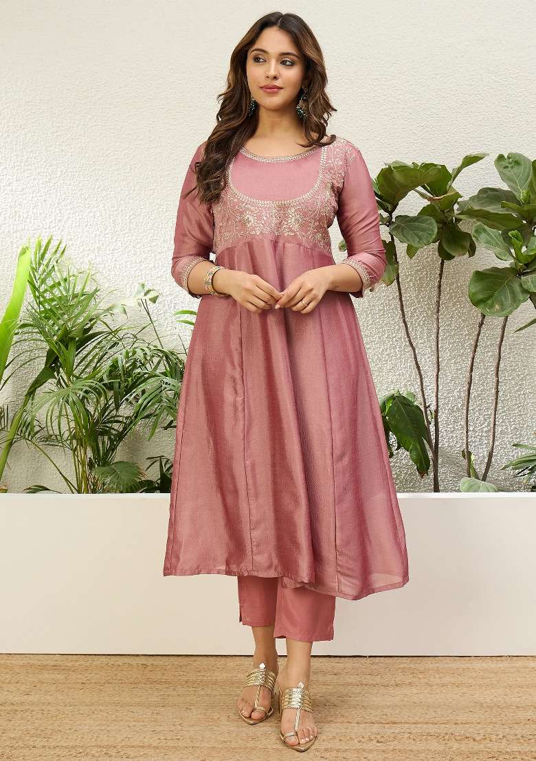 Baby Pink Embroidered Vichitra Kurta Set - Indya