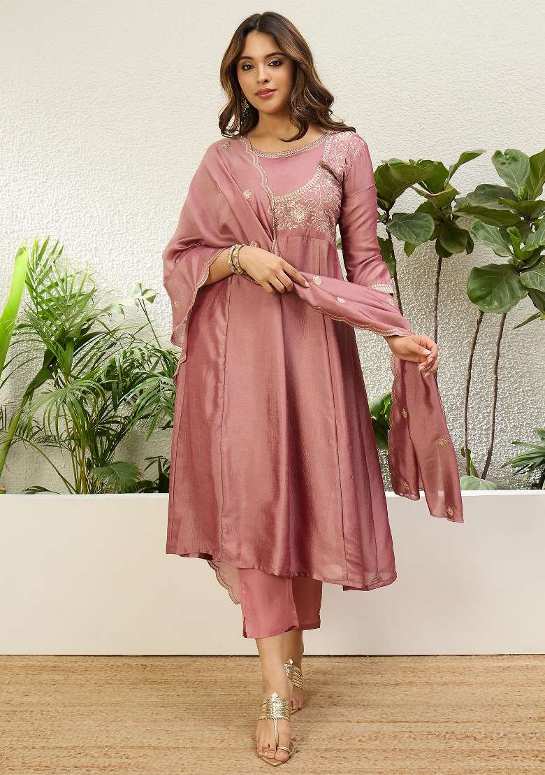 Baby Pink Embroidered Vichitra Kurta Set - Indya