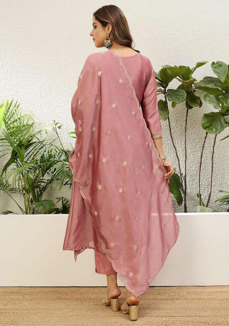 Baby Pink Embroidered Vichitra Kurta Set - Indya