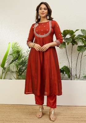 Rust Embroidered Vichitra Kurta Set