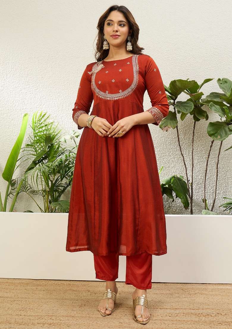 Rust Embroidered Vichitra Kurta Set - Indya