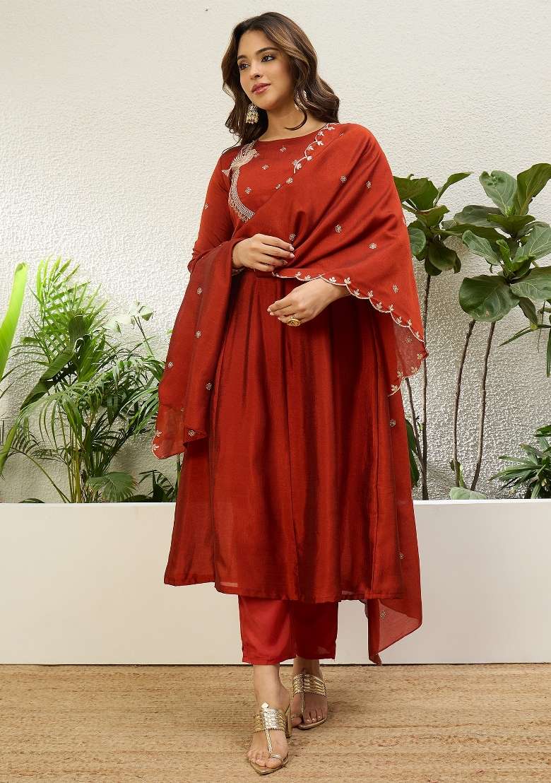 Rust Embroidered Vichitra Kurta Set - Indya