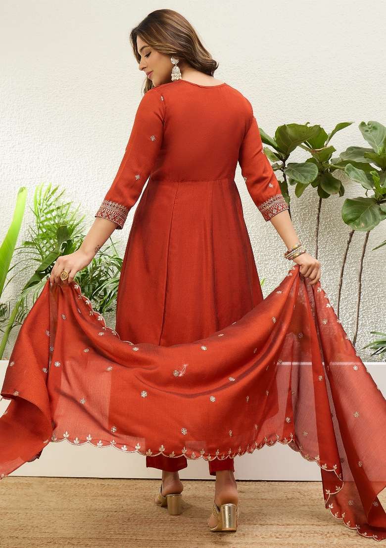 Rust Embroidered Vichitra Kurta Set - Indya