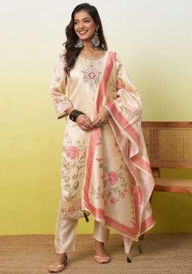 Cream Printed Cotton Kurta Set