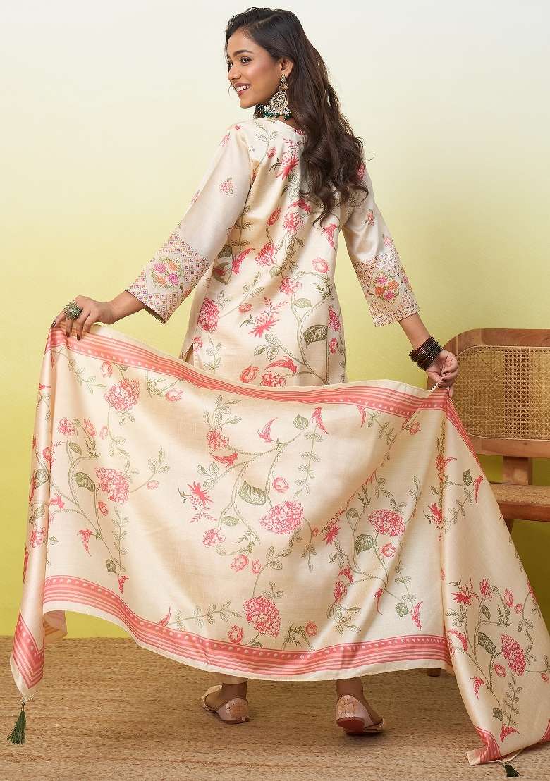 Cream Printed Cotton Kurta Set - Indya