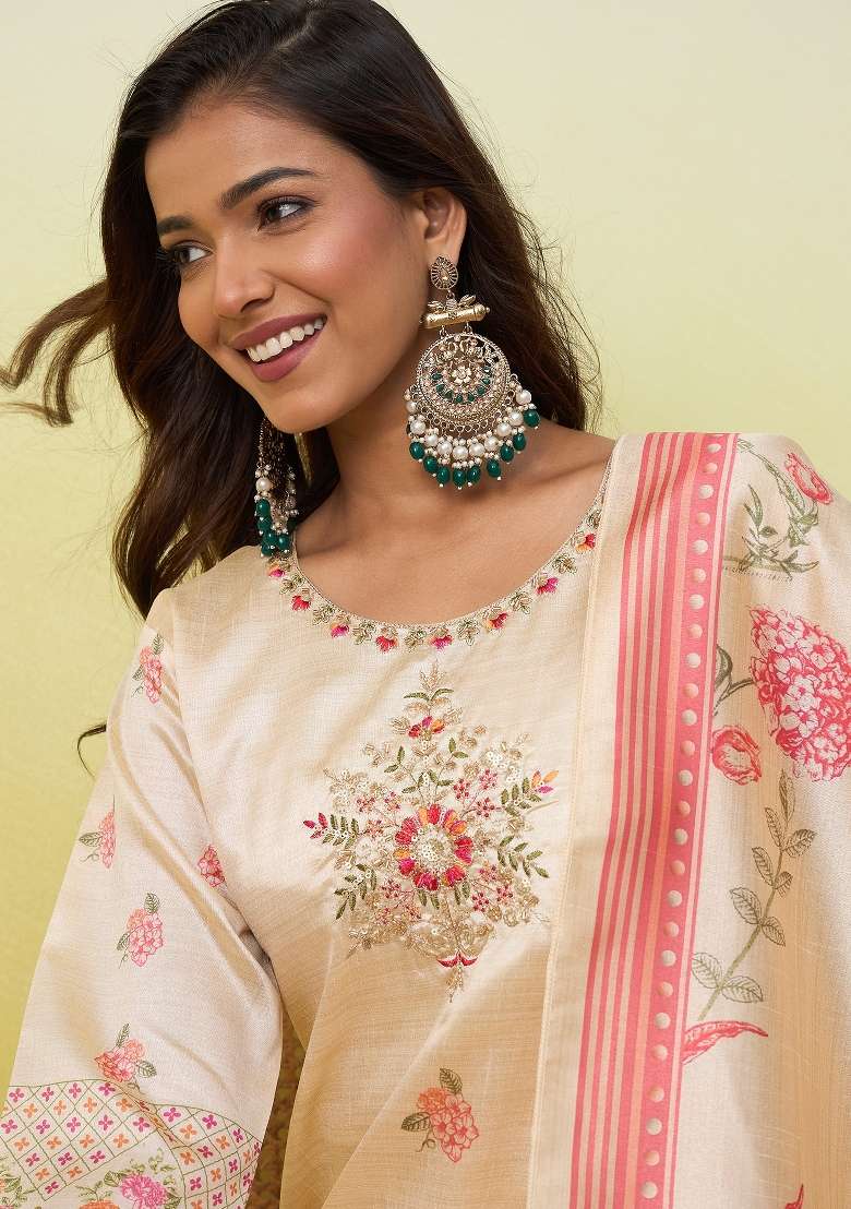 Cream Printed Cotton Kurta Set - Indya
