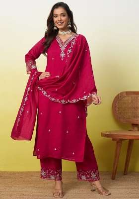 Rani Pink Embroidered Vichitra Kurta Set