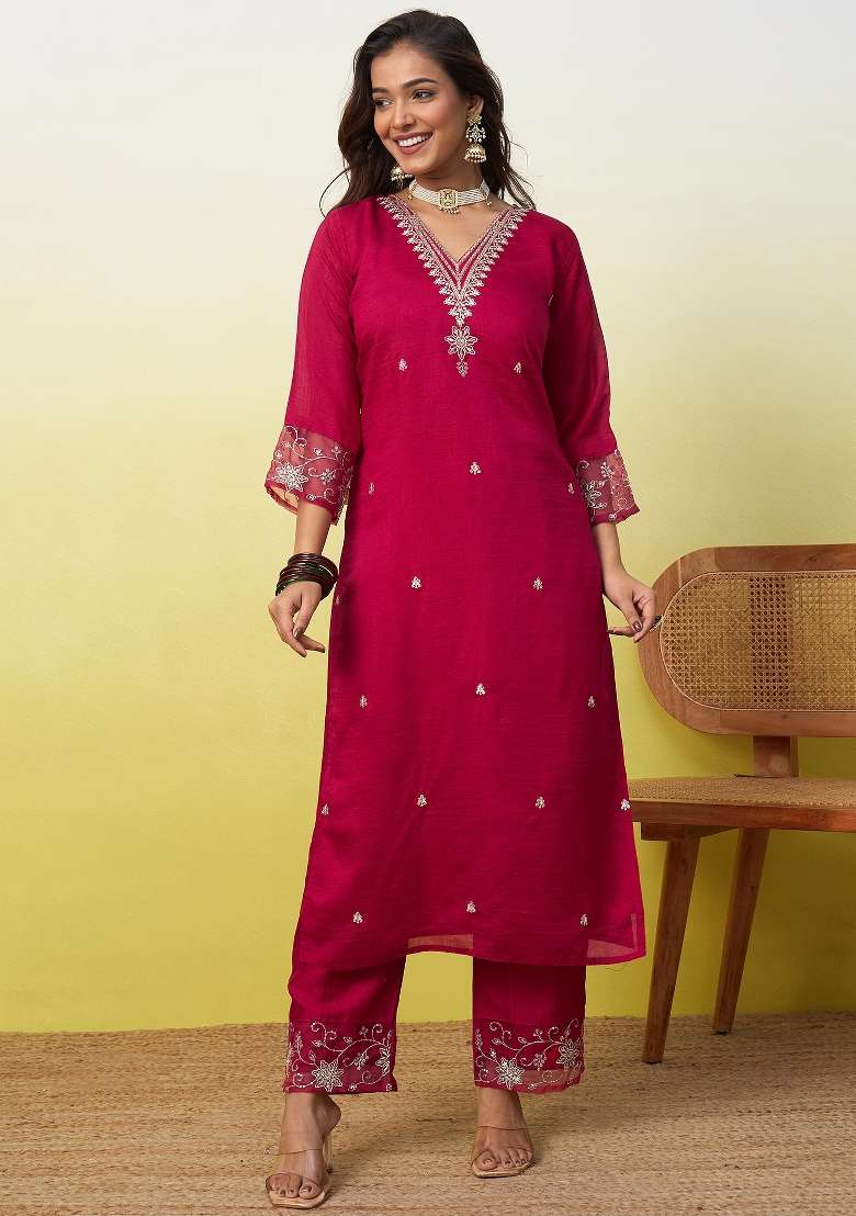 Rani Pink Embroidered Vichitra Kurta Set - Indya