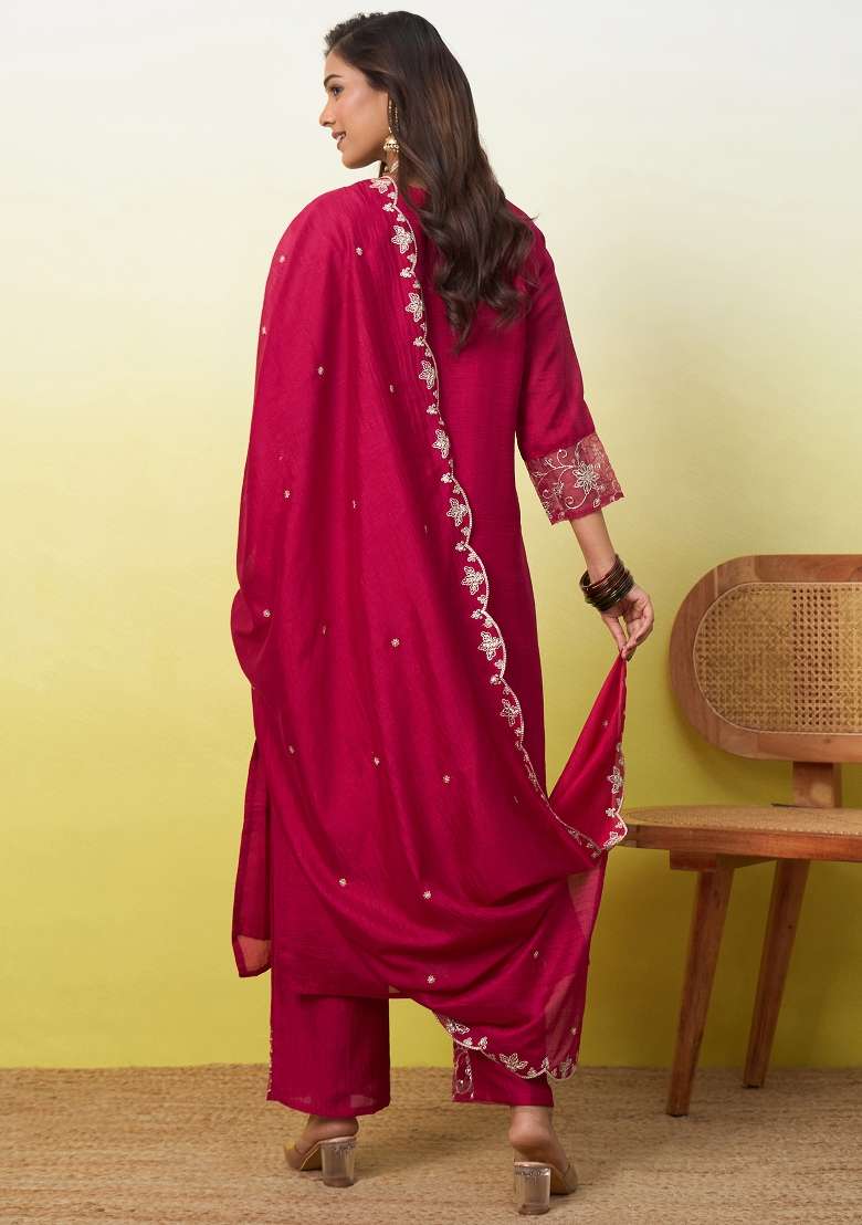 Rani Pink Embroidered Vichitra Kurta Set - Indya
