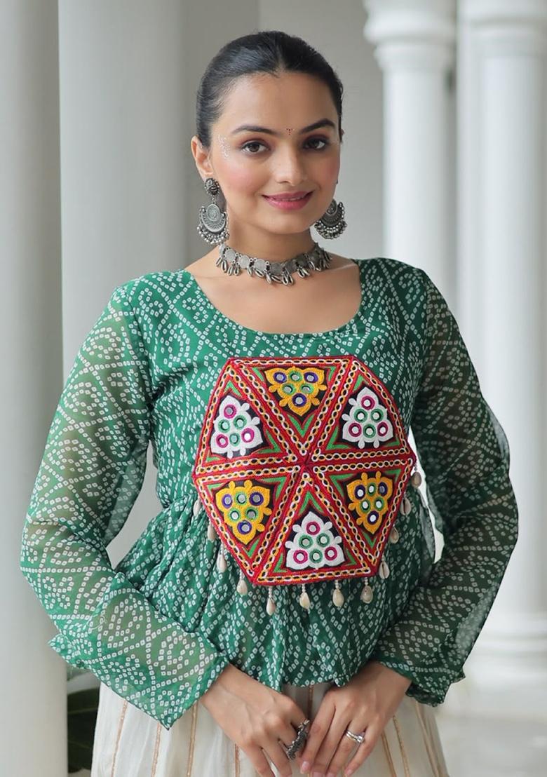Dark Green Bandhej Georgette Navratri Kurta - Indya