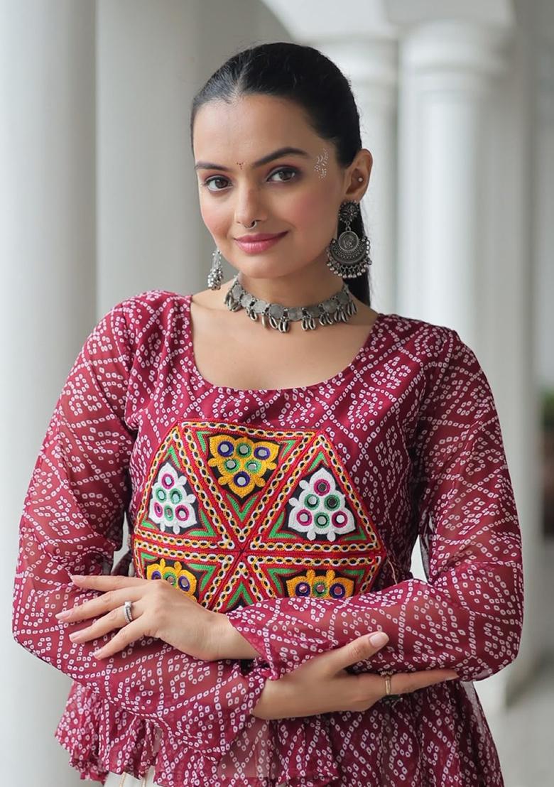 Maroon Bandhej Georgette Navratri Kurta - Indya