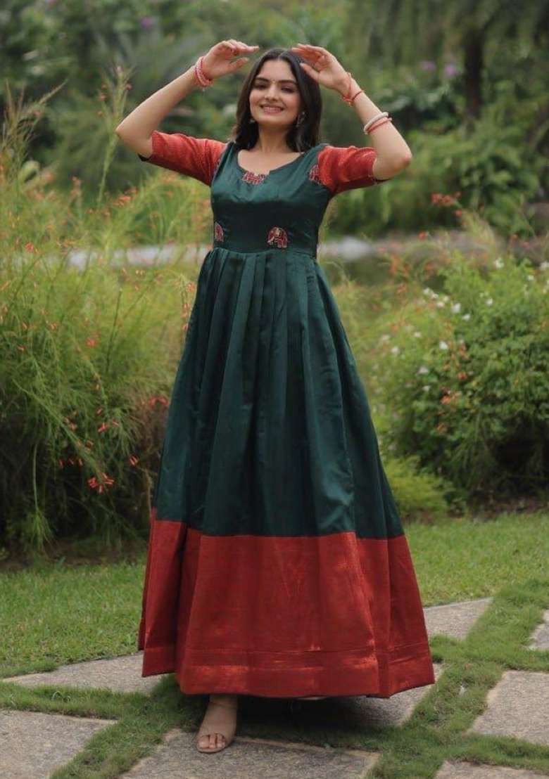 Dark Green Jacquard Silk Anarkali - Indya
