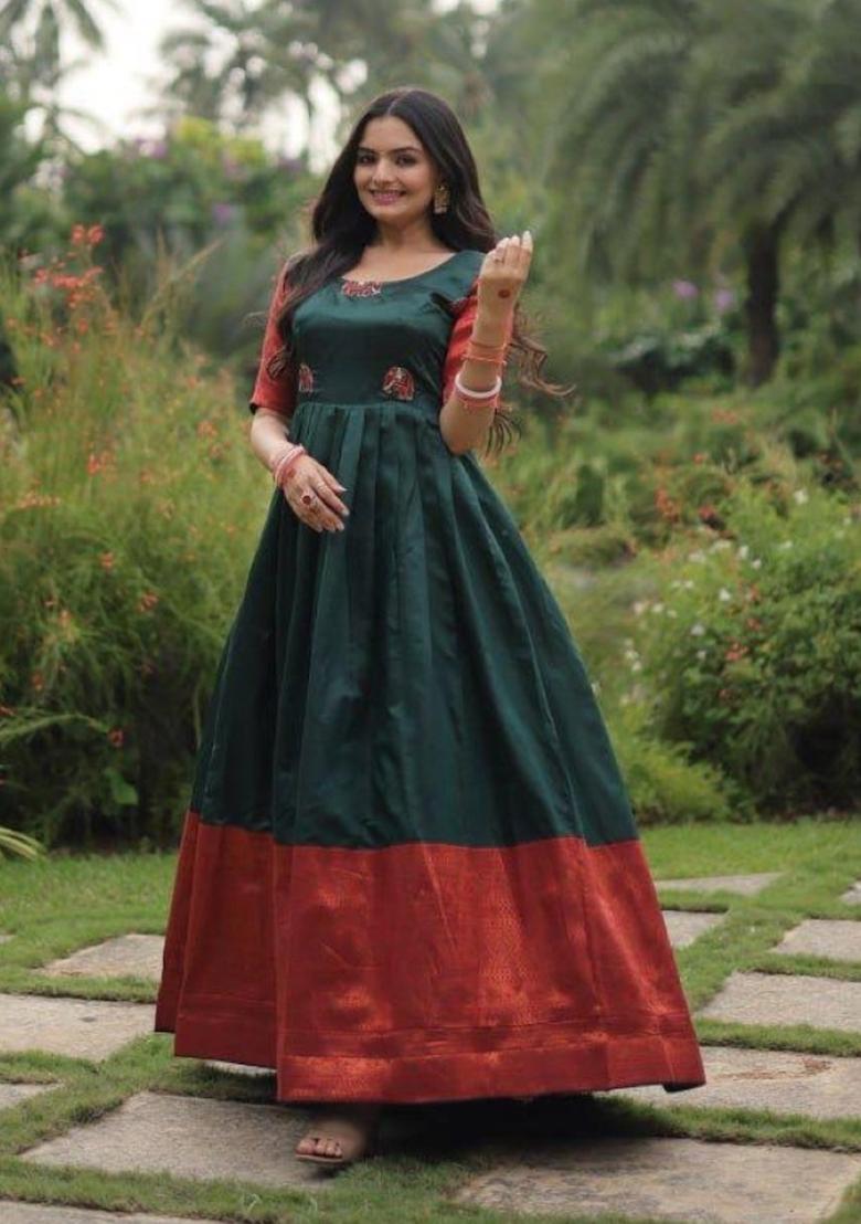 Dark Green Jacquard Silk Anarkali - Indya