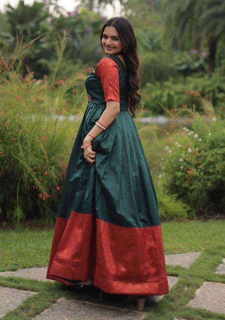 Dark Green Jacquard Silk Anarkali - Indya