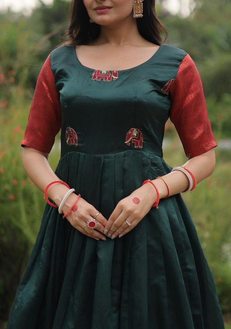 Dark Green Jacquard Silk Anarkali - Indya