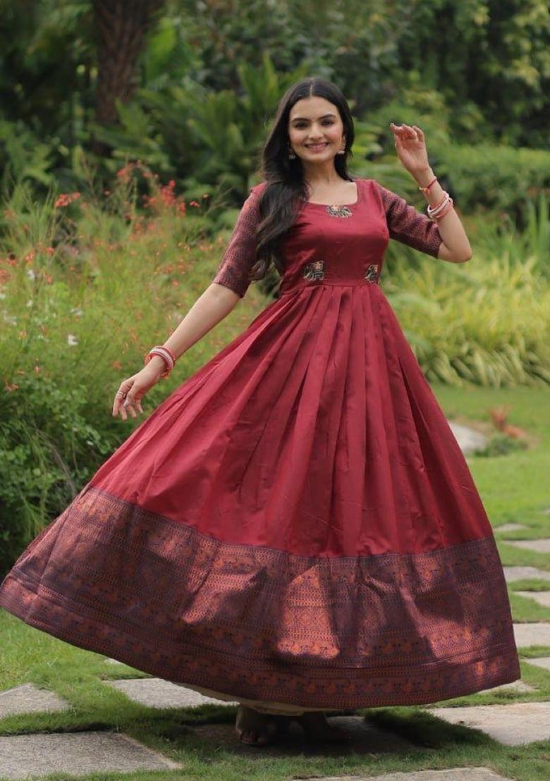 Maroon Jacquard Silk Anarkali - Indya