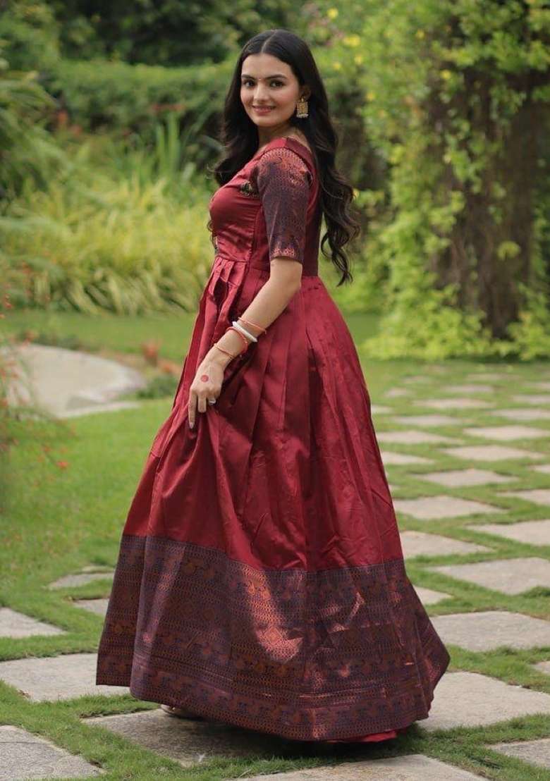Maroon Jacquard Silk Anarkali - Indya