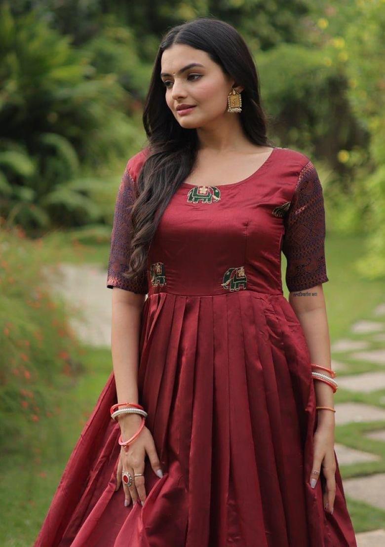 Maroon Jacquard Silk Anarkali - Indya