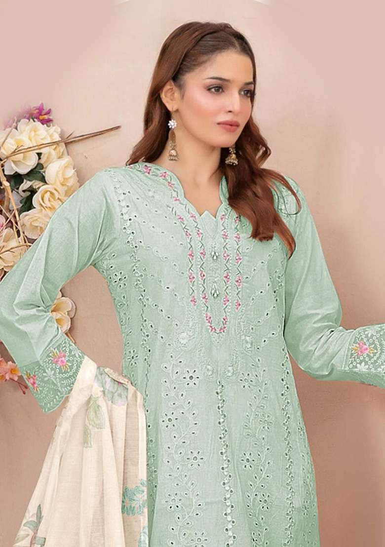 Mint Green Embroidered Georgette Pakistani Suit Set - Indya