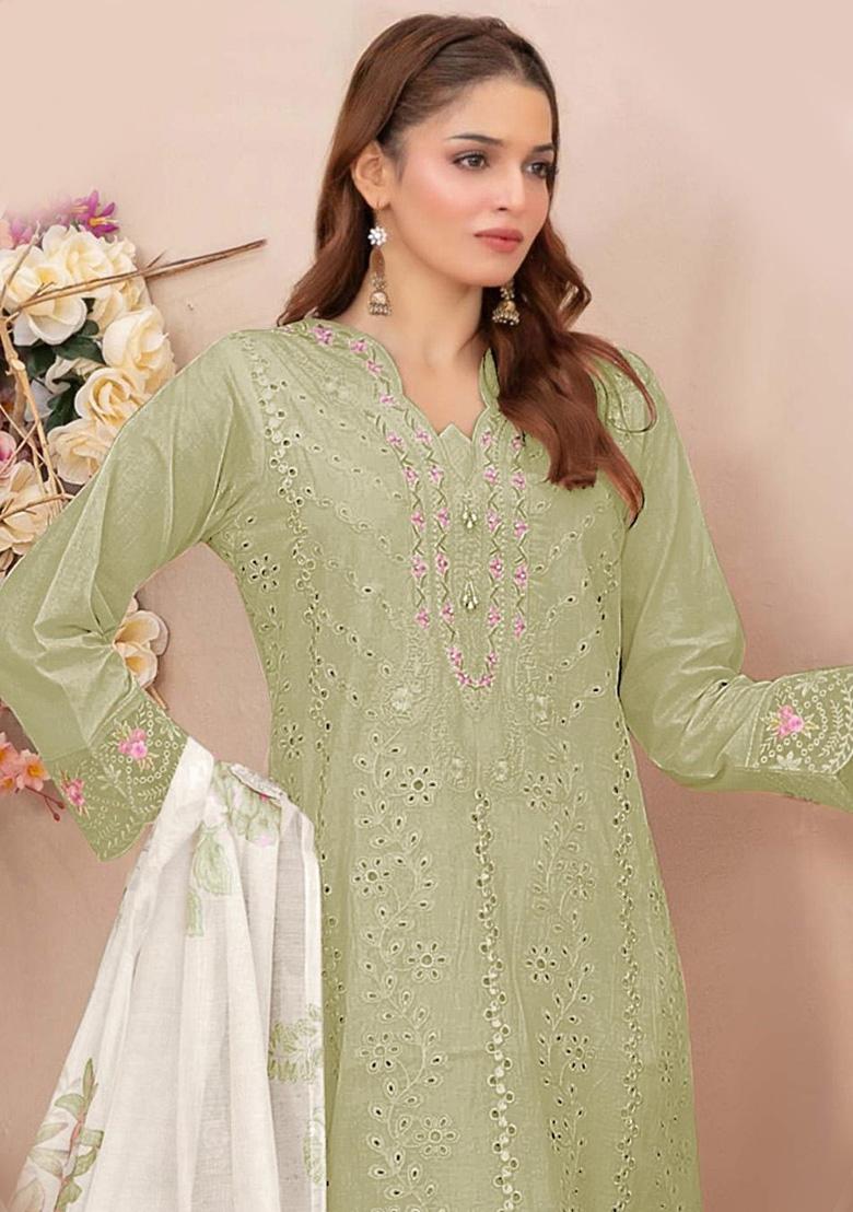 Olive Green Embroidered Georgette Pakistani Suit Set - Indya