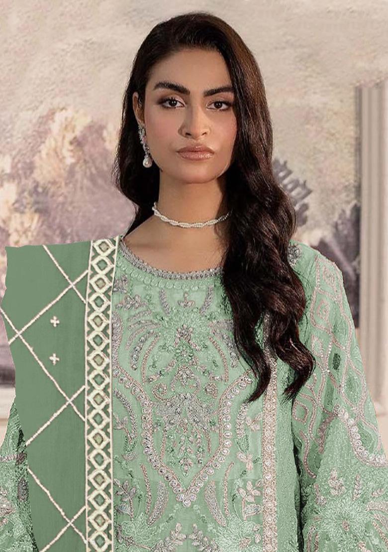 Mint Green Embroidered Chiffon Pakistani Suit Set - Indya