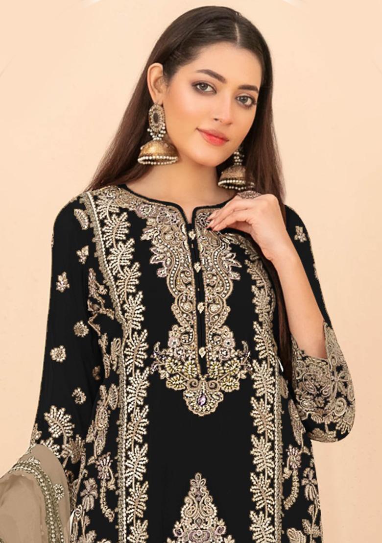 Black Embroidered Silk Pakistani Suit Set - Indya
