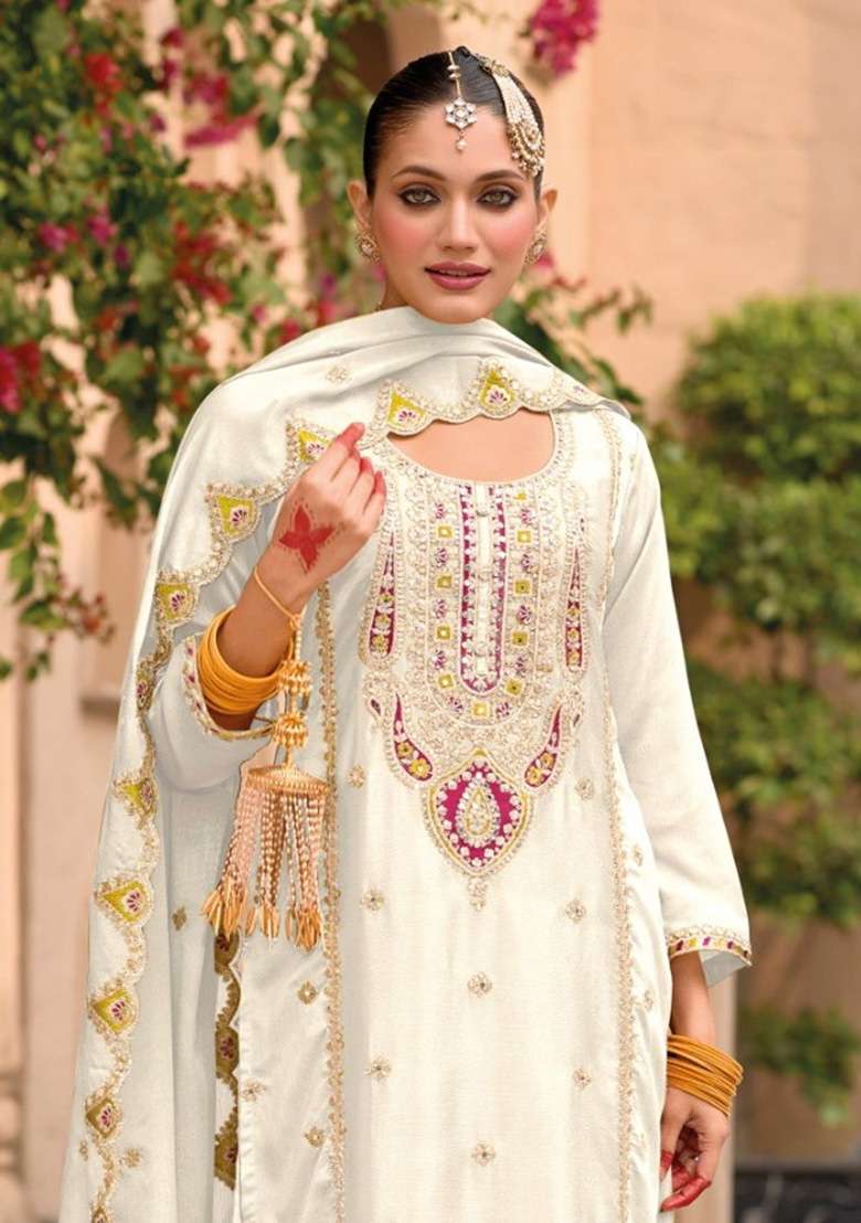 White Embroidered Chinon Pakistani Suit Set - Indya