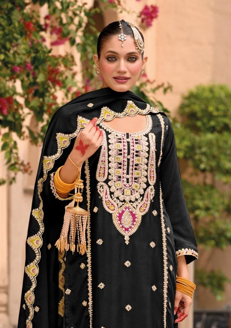 Black Embroidered Chinon Pakistani Suit Set - Indya