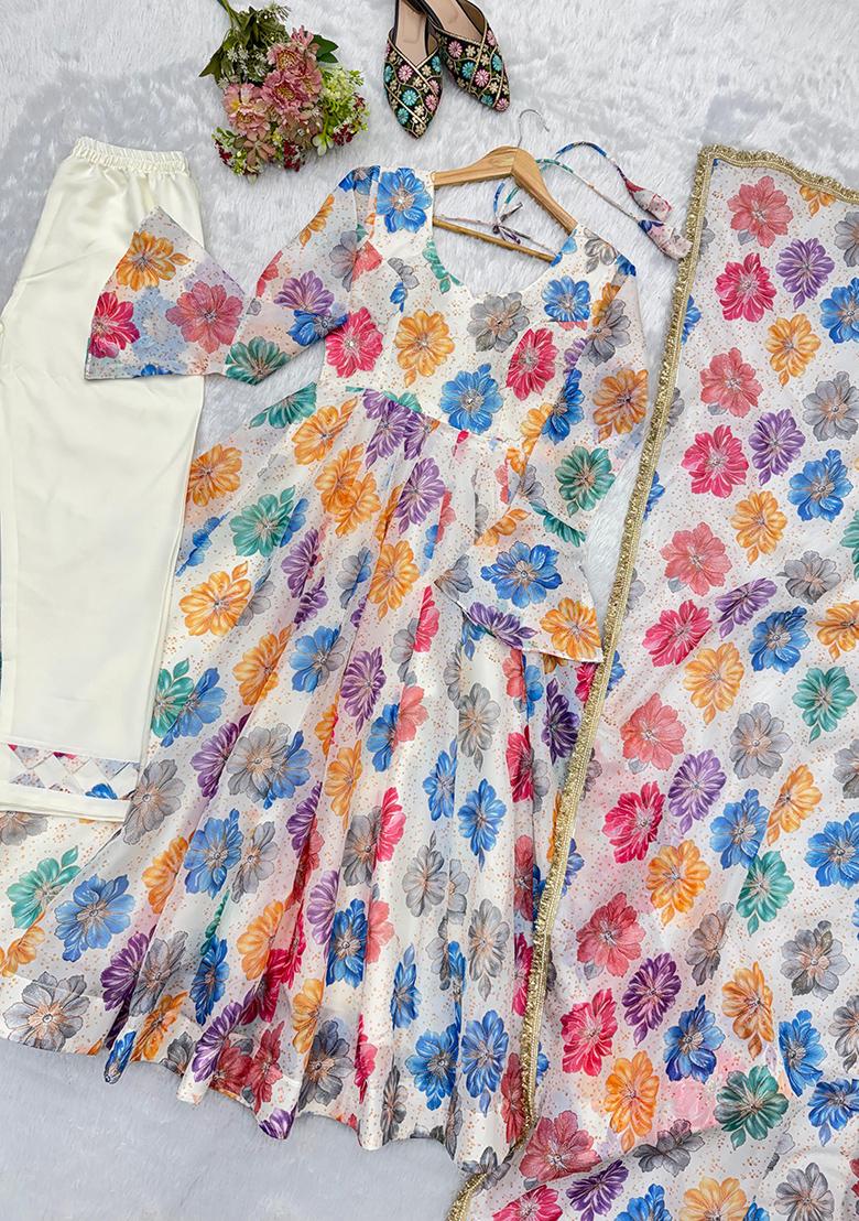 Multicolor Embroidery Organza Kurta Set - Indya