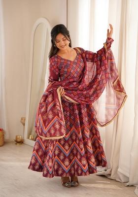 Maroon Printed Silk Kurta Set