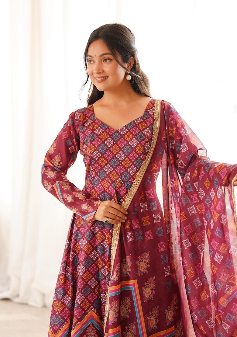 Maroon Printed Silk Kurta Set - Indya