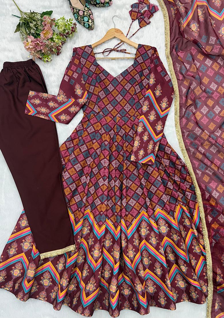 Maroon Printed Silk Kurta Set - Indya