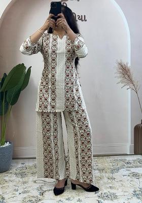 Cream Printed Rayon Kurta Set