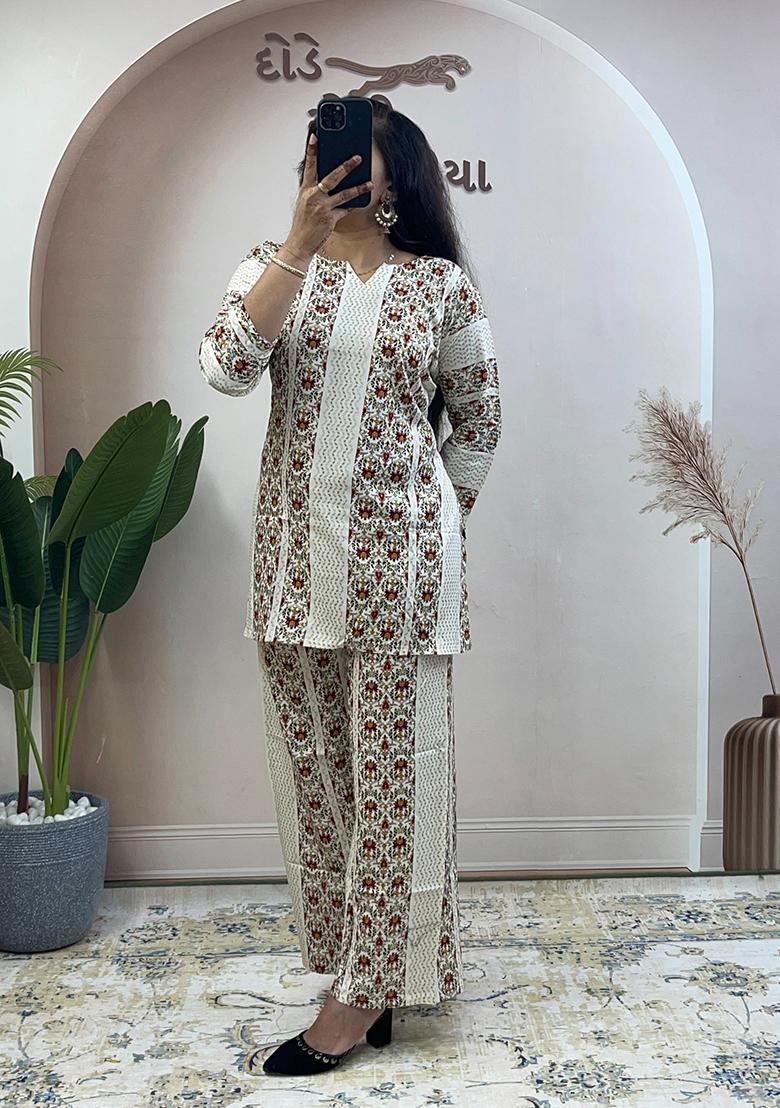 Cream Printed Rayon Kurta Set - Indya