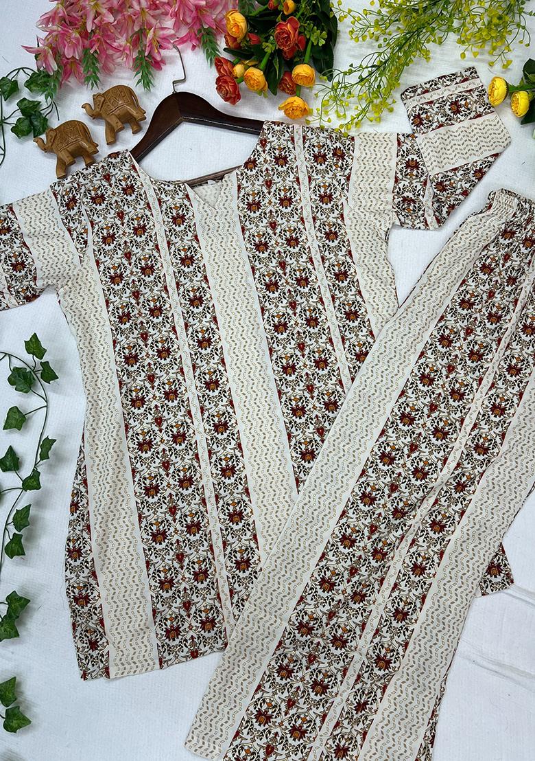 Cream Printed Rayon Kurta Set - Indya