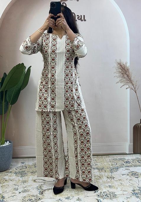 Cream Printed Rayon Kurta Set